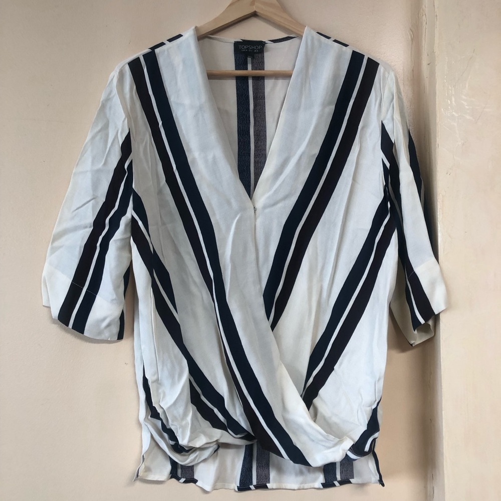 TOPSHOP Crossover Draped Plunge Short Sleeve Viscose Blouse Retro Style Stripe